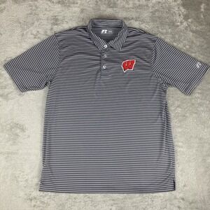 Wisconsin Badgers Russell Athletics Polo Shirt Mens Medium Gray White‎ Striped